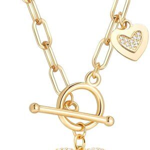 18K Gold Sun Moon Star Compass Pendant Necklace Chunky Toggle Paperclip Chain Ne